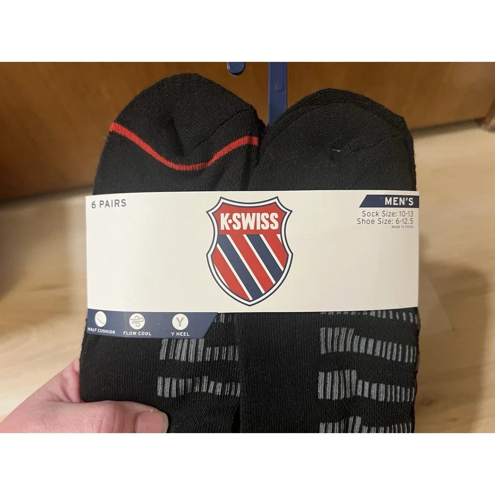 K-Swiss Men's Black‎ No Show Socks 6 Pair Shoe Size 6-12.5 Flow Cool Y Heel